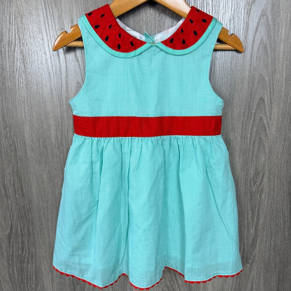 Lil Cactus Watermelon Gingham Dress Girls 18-24M Green Red Picnic Summer Retro